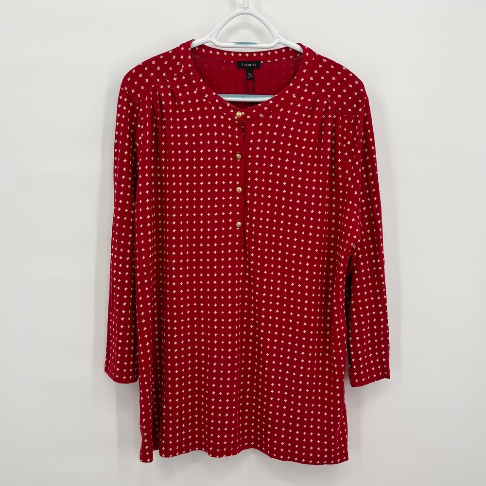 Talbots Womens Red White Diamond Print Henley Knit Top Gold Buttons XL New